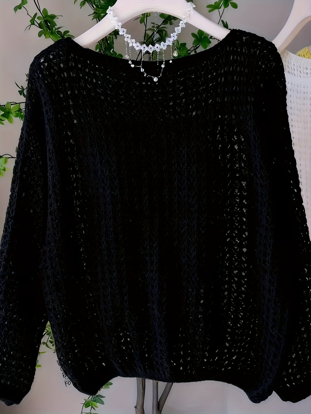 Women's New Spring/Summer Hollow-Out Solid Color One-Shoulder Pullover Knitwear, Casual Style Outer Cover-Up Shirt - Black