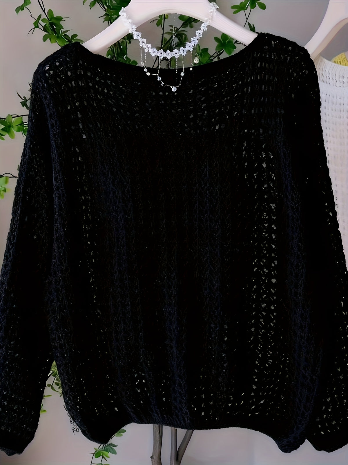 Women's New Spring/Summer Hollow-Out Solid Color One-Shoulder Pullover Knitwear, Casual Style Outer Cover-Up Shirt - Black