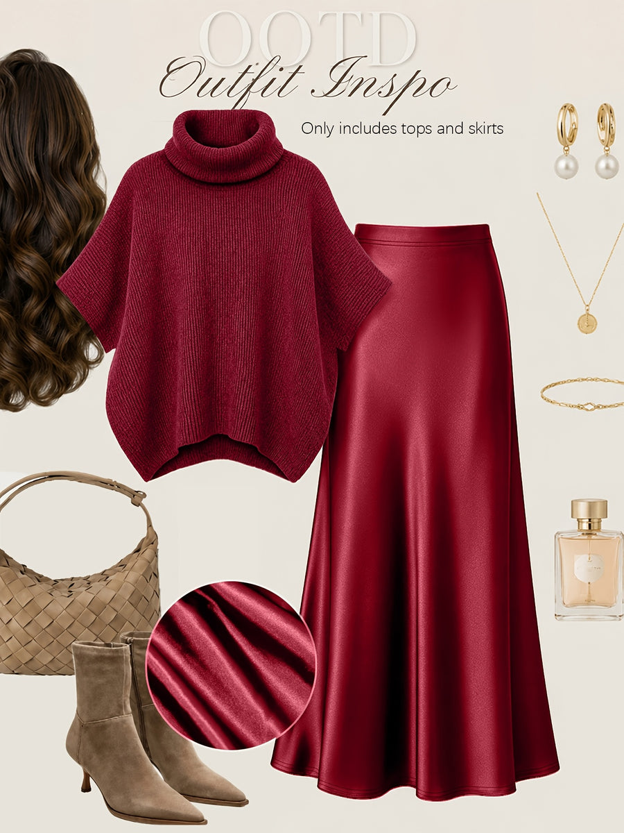 Autumn Winter Fashion Lazy Style Turtleneck Cloak Sweater And Premium Satin Fishtail Half Skirt, Temperament Elegant Commute Two-Piece Set - Burgundy