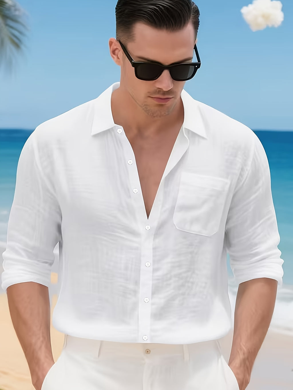 3pcs Men'S Casual Linen Shirts, Long Sleeve Button Tops with Chest Pocket, Lightweight Solid Color Shirts for Daily And Vacation - Mix Color 3