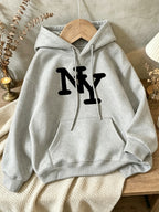 Single Hooded Sweatshirt, Autumn Winter Style, Print Craft Pattern, NY Retro Lettering - Light Grey