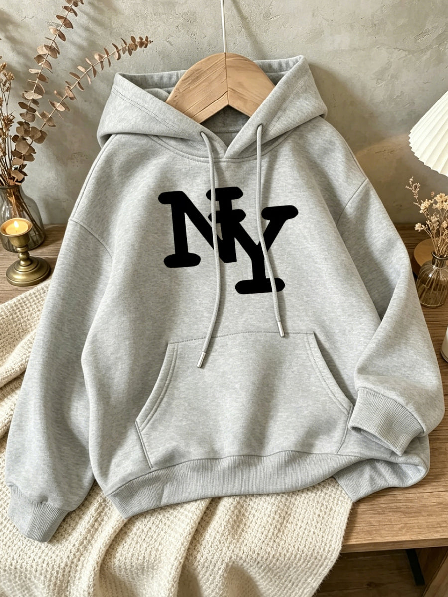 Single Hooded Sweatshirt, Autumn Winter Style, Print Craft Pattern, NY Retro Lettering - Light Grey