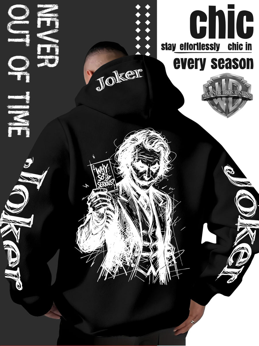 WB Warner Bros. Official Licensed Men's Joker Hooded Sweatshirt - Iconic Joker Portrait Print Hoodie, Soft Pilling-Resistant Fabric, Loose Fit Streetwear Pullover Suitable for Autumn/Winter, Machine Washable for Home, Outings & Joker-Themed Apparel - Black