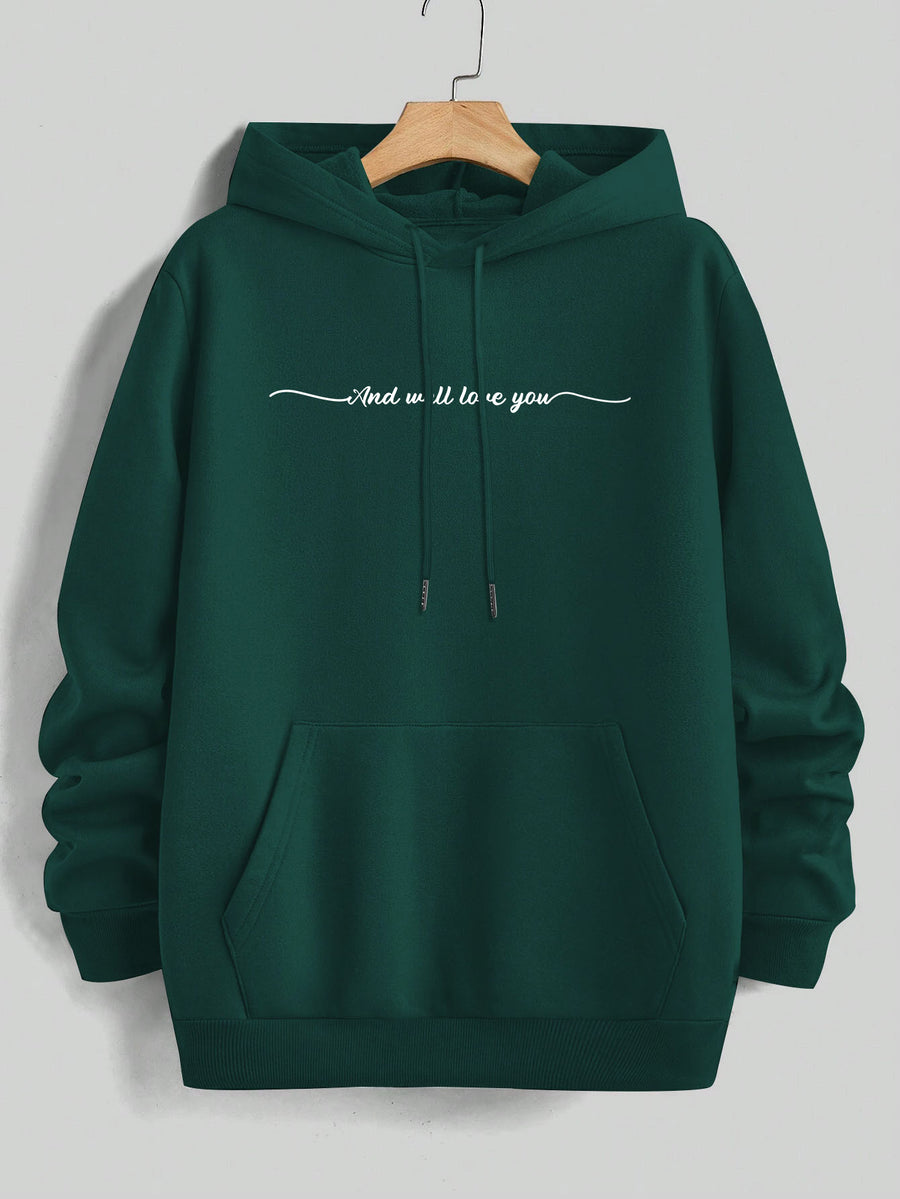 Men'S Yellow Hoodie with "And We'll Love You" Print - Cozy Fleece-Lined Pullover with Kangaroo Pocket, Casual Drawstring Hooded Sweatshirt for Spring & Fall, Comfortable Clothing | Relaxed Fit Hoodie | Fleece Lined Hoodie - Dark Green