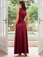 Vintage 1950S Sleeveless Satin Elegant Necktie Ball Gown, Host Dress - Burgundy color