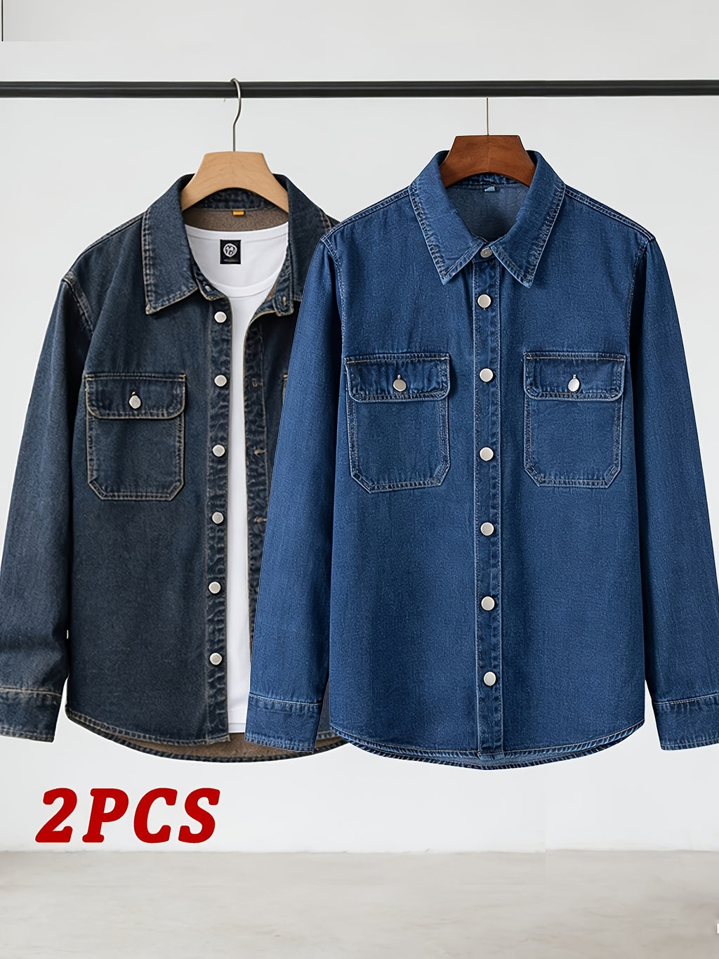 Spring/Autumn Men's Loose-Fit Streetwear Style Cool and Handsome Long-Sleeve Denim Shirt with American-Style Jacket Outer, 2pcs Set - Nostalgia + Deep Blue