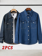 Spring/Autumn Men's Loose-Fit Streetwear Style Cool and Handsome Long-Sleeve Denim Shirt with American-Style Jacket Outer, 2pcs Set - Nostalgia + Deep Blue