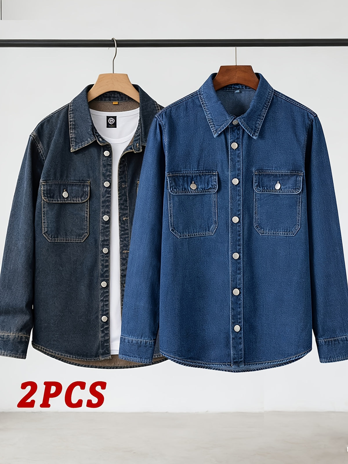 Spring/Autumn Men's Loose-Fit Streetwear Style Cool and Handsome Long-Sleeve Denim Shirt with American-Style Jacket Outer, 2pcs Set - Nostalgia + Deep Blue