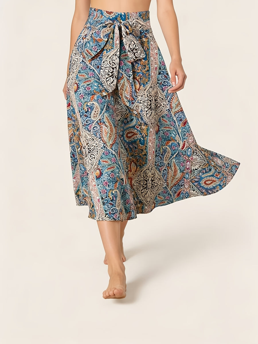 Women'S Bohemian Style Printed Casual Minimalist Side-Tie Midi Skirt - Multicolor