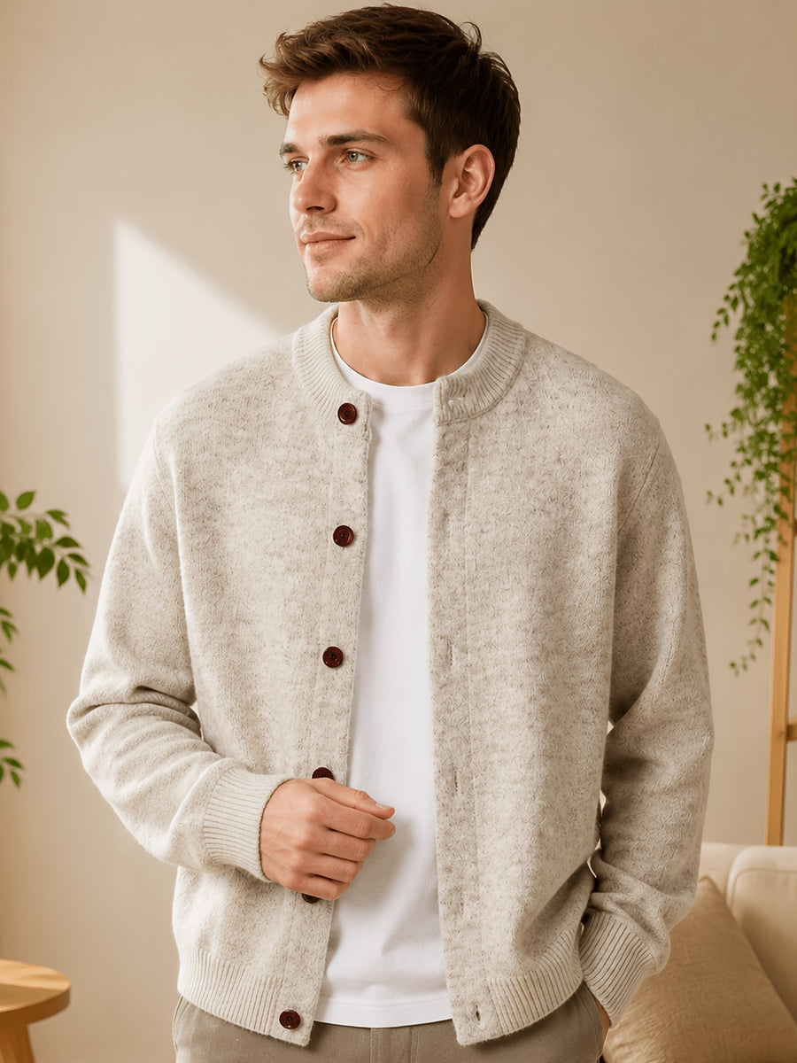[Wading Whale OBM] Autumn Winter New Men'S Knit Cardigan, Old Money Style Solid Color Striped Single-Button Open Front Round Neck Sweater for Business Casual Fashion, Suitable for Spring, Autumn, Winter Layering Or Outerwear, Fits Daily Casual - Off-white