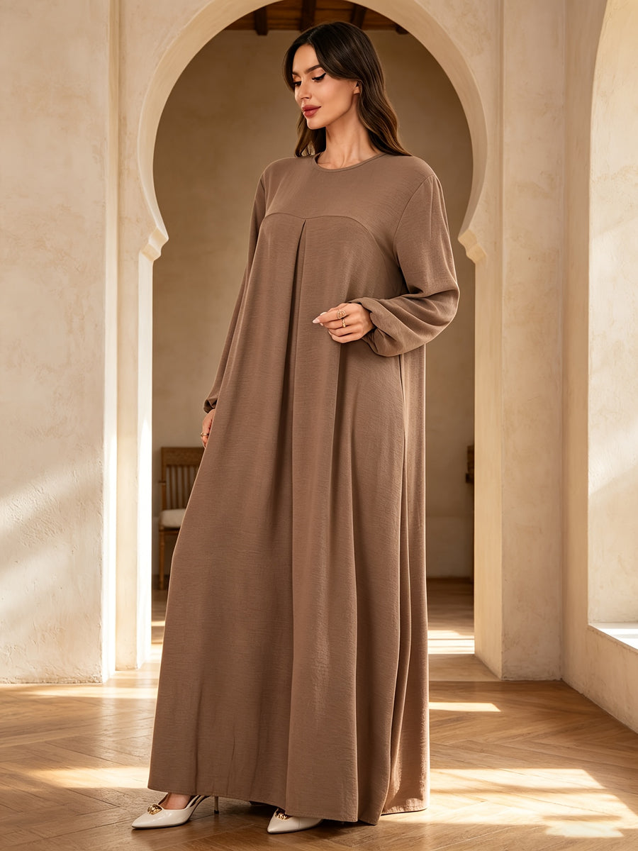1pc Elegant Holiday Style Loose Wrinkled Versatile Solid Color Suitable for Daily Wear Comfortable Casual Loose Comfortable Women'S Abaya Dress. Abayas for Women Dubai Long Dresses for Women Abaya Damen Ladies Abaya Robe Long Sleeve Women - Khaki