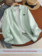 Korean-style Spring/Autumn Thin Fashionable Trendy Cool and Handsome Men's Healing Cartoon Print Long Sleeve Thin Striped Loose Fit Casual Shirt - Light Green