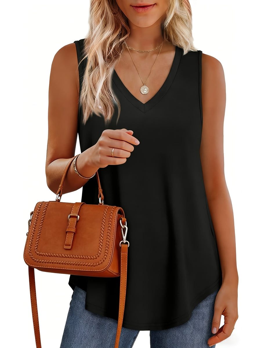 Women'S Comfortable Casual Top Elegant Loose Basic Shirt Fashion V-Neck Sleeveless Vest - Black