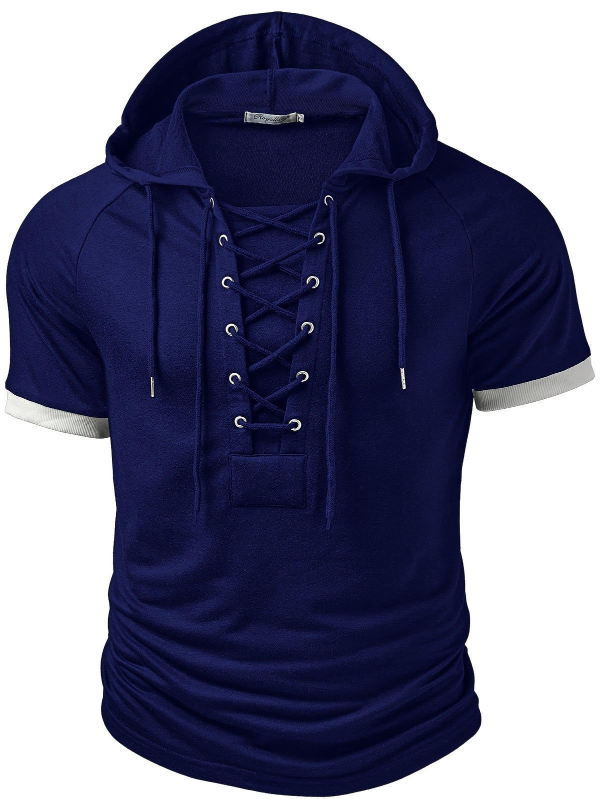 ROYALBOY Spring New Arrival Men's Short Sleeve Outdoor Sports Hoodie with Eyelet Drawstring, Designer Casual Men's Sportswear Top, Suitable for Autumn Outdoor Wear - Blue