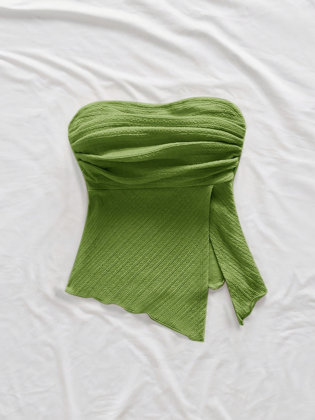 Women'S Green Ruched Tube Top, Summer Y2K Sexy Irregular Hem Slim Short Off Shoulder Bandeau Cami - Emerald Green