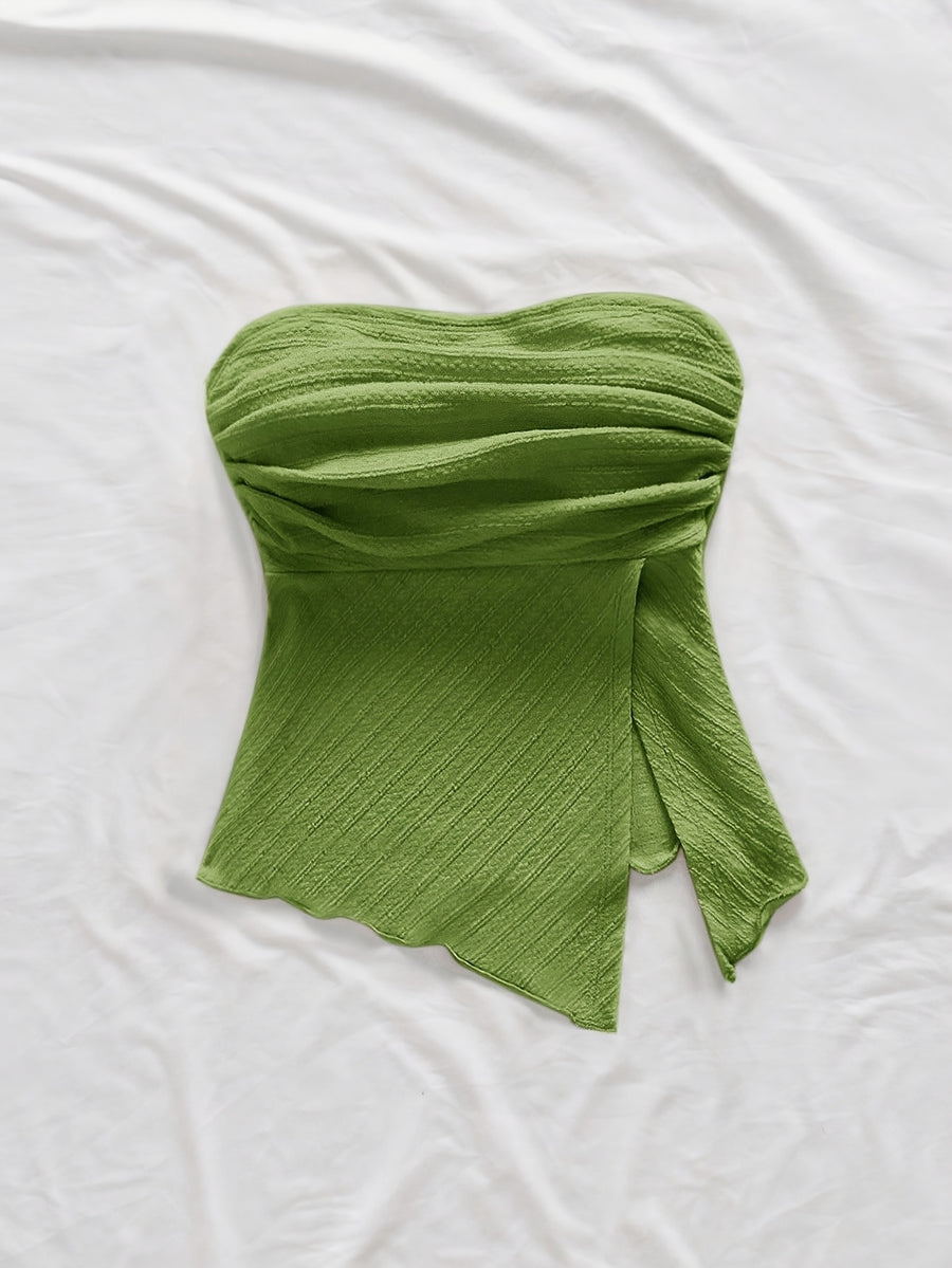 Women'S Green Ruched Tube Top, Summer Y2K Sexy Irregular Hem Slim Short Off Shoulder Bandeau Cami - Emerald Green