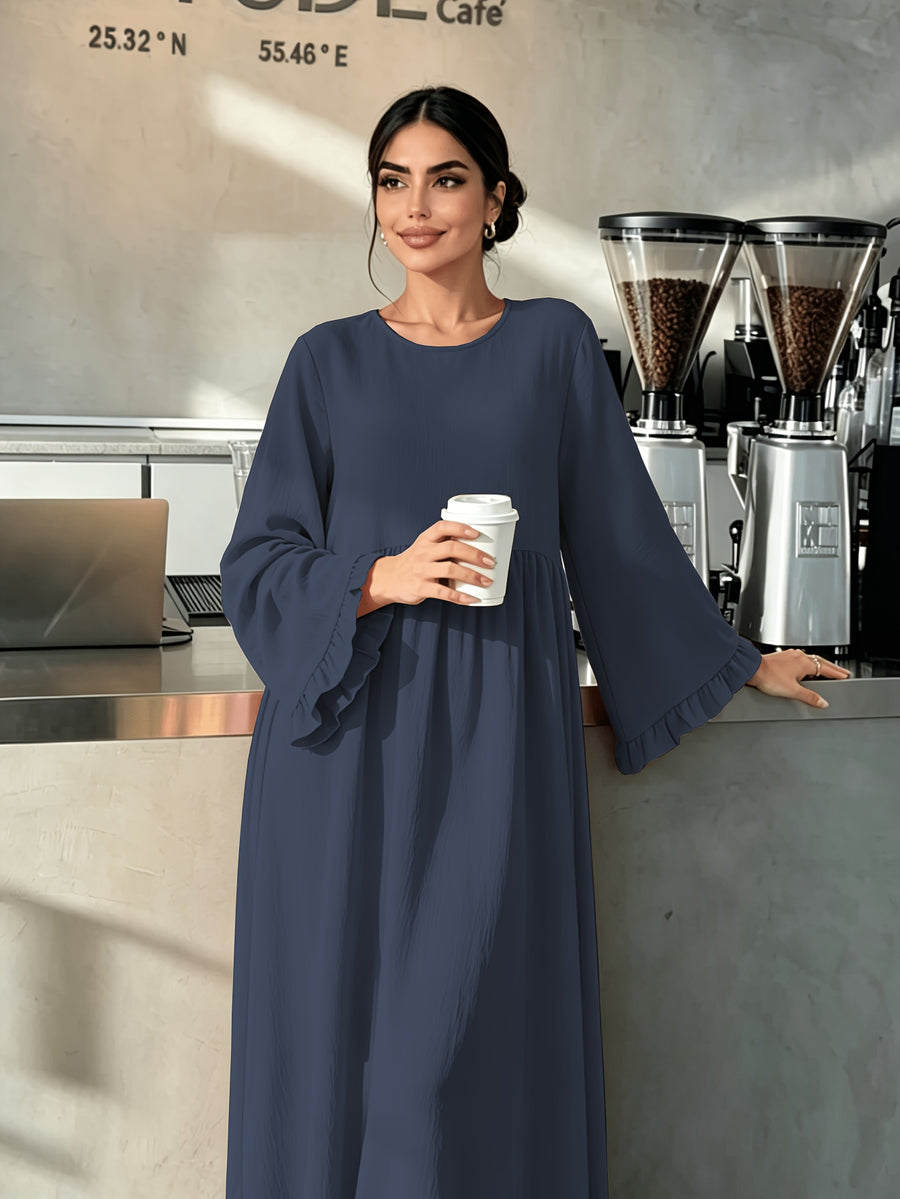 Round Neck Long Dress with Ruffled Flared Wide Sleeves, Soft Lightweight Breathable Fabric Loose Swing Style Dress for Women Daily Home And Outdoor Casual Matching - Navy Color