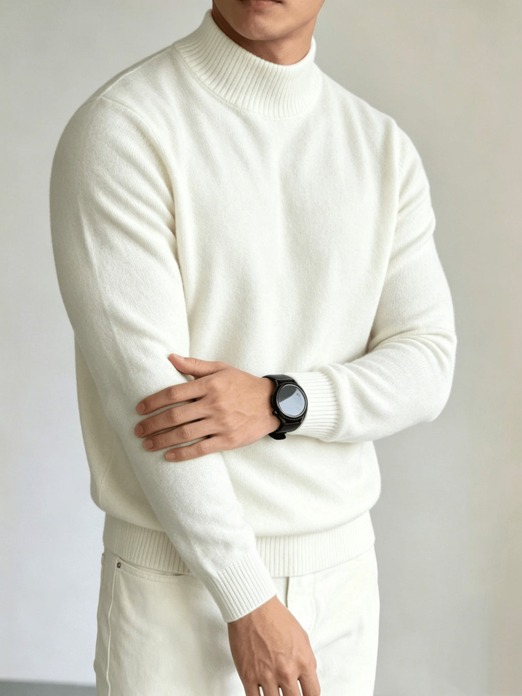 Men's Half-Turtleneck Knit Sweater, New Autumn/Winter Solid Color Long-Sleeve Pullover for Business Casual Versatile Wear - White