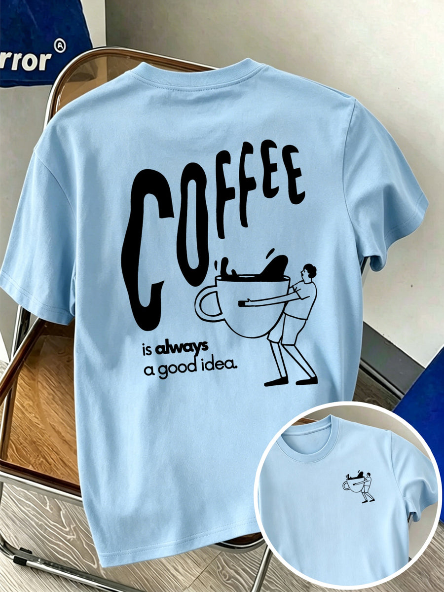 Men'S 100% T-Shirt, Coffee Character Print, Soft Breathable Comfortable Casual, All-Season Daily Commute - Light Blue Color