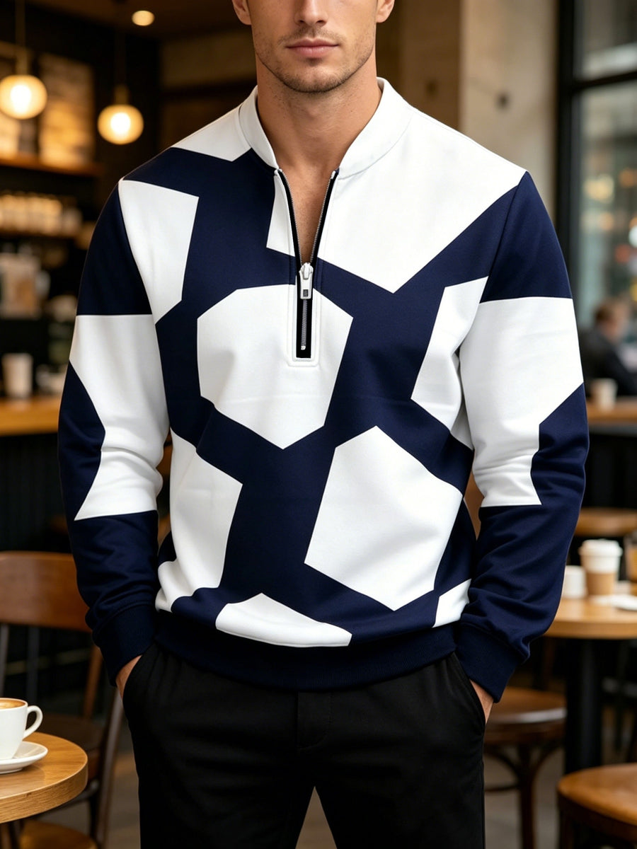 [Printed Design – Not Textured] Men's Fashion Long-Sleeve Sweatshirt, Navy Blue and White Geometric Color Block Printed Polyester Top, Comfortable and Durable Regular Fit, Suitable for Casual Outings, Parties, Outdoor Activities - Mixed colors