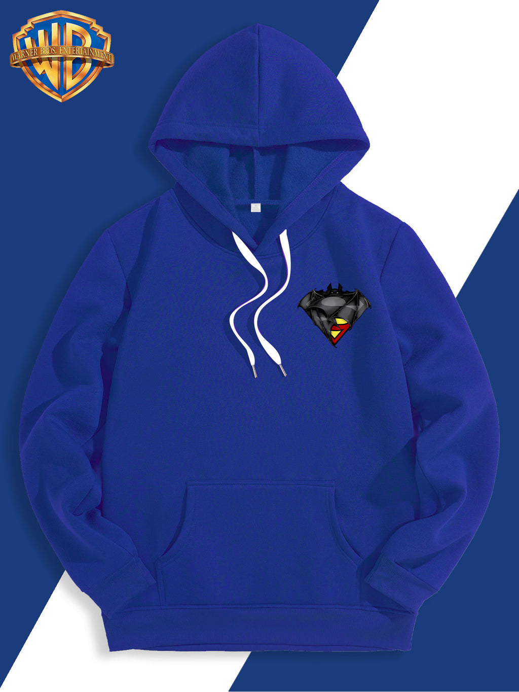 WB Warner Bros DC Official Justice League Superman-Batman Fusion Logo Hooded Sweatshirt - -Lined Hoodie Suitable for Men & Women, Unisex Couple's Gift, Adjustable Drawstring Hood, Iconic Logo Print for Casual Winter Wear, Machine Washable - Blue