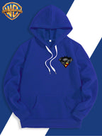 WB Warner Bros DC Official Justice League Superman-Batman Fusion Logo Hooded Sweatshirt - -Lined Hoodie Suitable for Men & Women, Unisex Couple's Gift, Adjustable Drawstring Hood, Iconic Logo Print for Casual Winter Wear, Machine Washable - Blue
