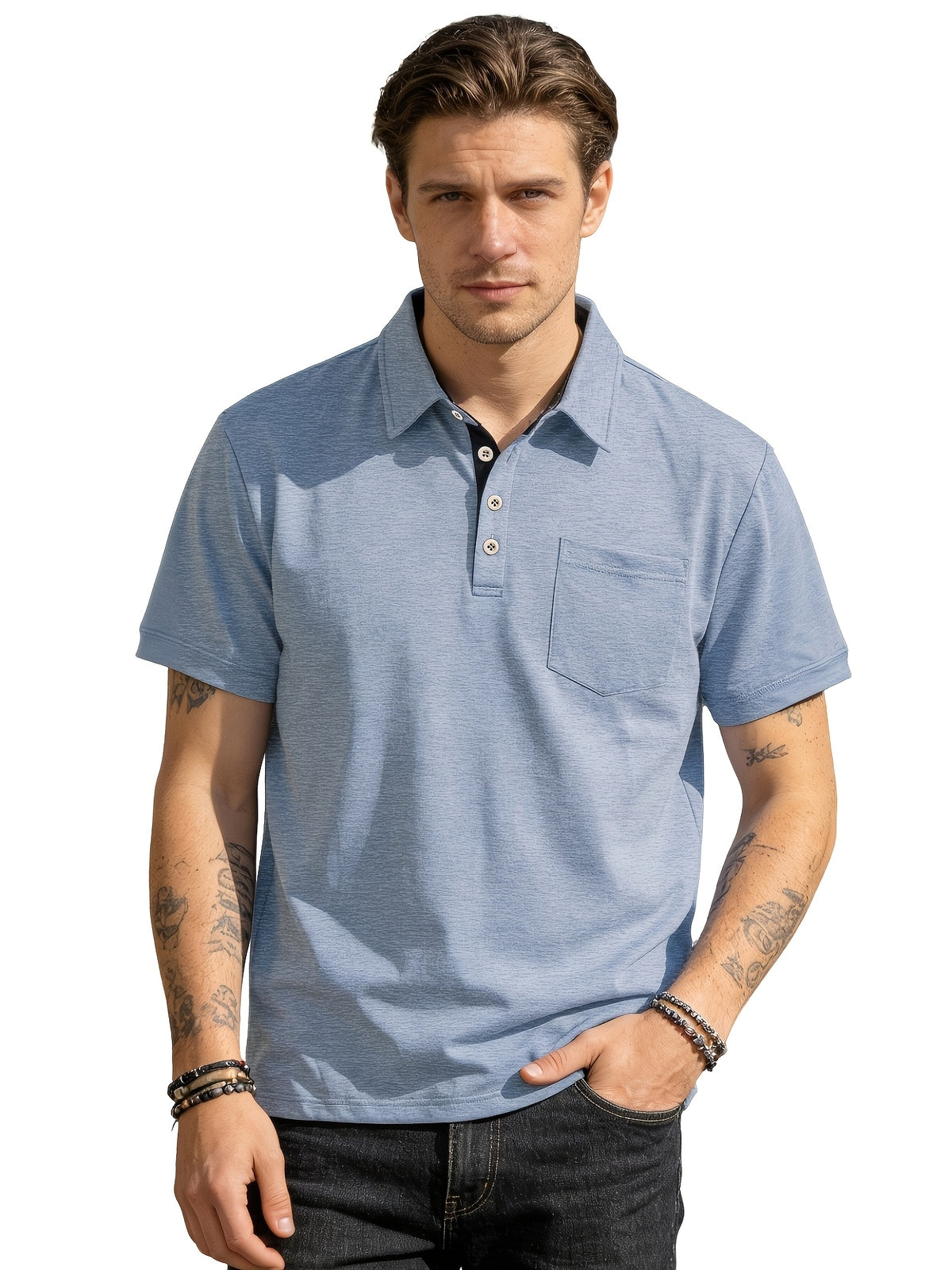 2pcs Set Men's Casual Solid Color Lapel Short-sleeve Polo Shirt with Casual Utility Pocket Design, Suitable for Business Casual Wear - Black and Blue