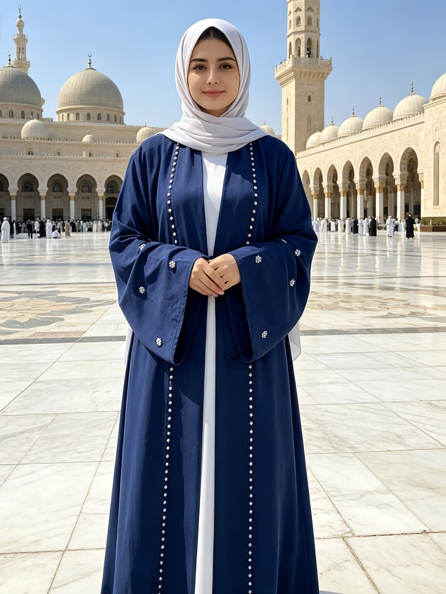 1pc Fashionable, Elegant And Casual, This Pearl-Studded Solid-Colored Abaya Cardigan Is Perfect for Everyday Wear. It Is Loose And Comfortable for Women. Muslim Women Clothes Abayas for Women Muslim Long Frocks for Women Jebba Tunisienne Femme - Navy Color