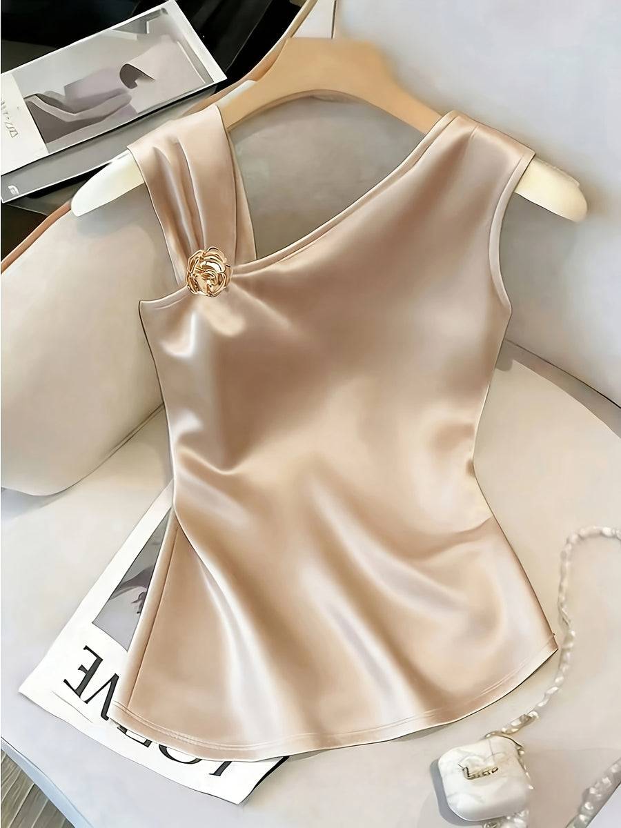 Women'S Elegant Asymmetrical Shoulder Textured Fabric Rose Floral Decoration Button Niche Design Vest Top - Champagne