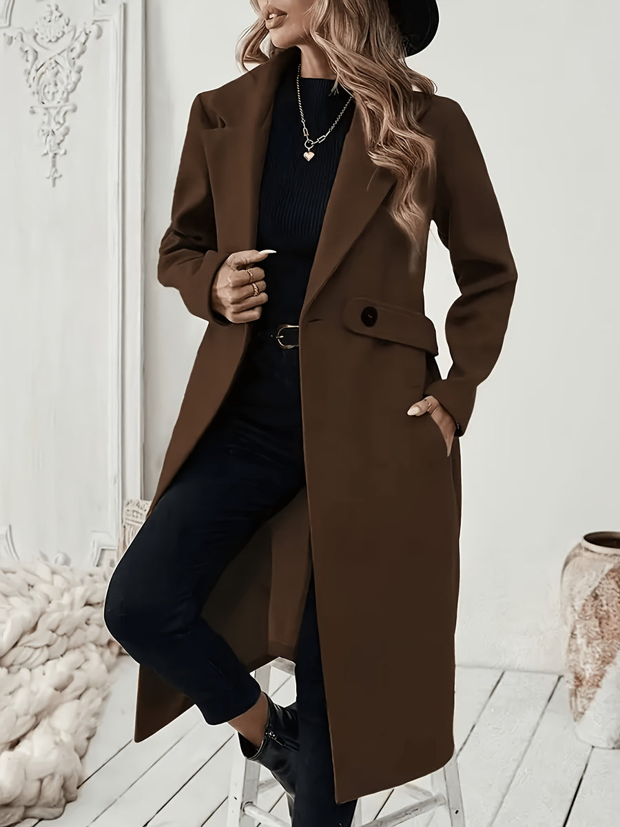 New Autumn/Winter Classic Notched Lapel Long Coat for Women, Waist-Cinching with Tie Belt and Two-Button Design, Over-the-Knee Outerwear, Elegant Commuter Style, Draped and Structured Long-Sleeve Coat with Side Pockets, Simple and Versatile, Slim Fit - Coffee Color
