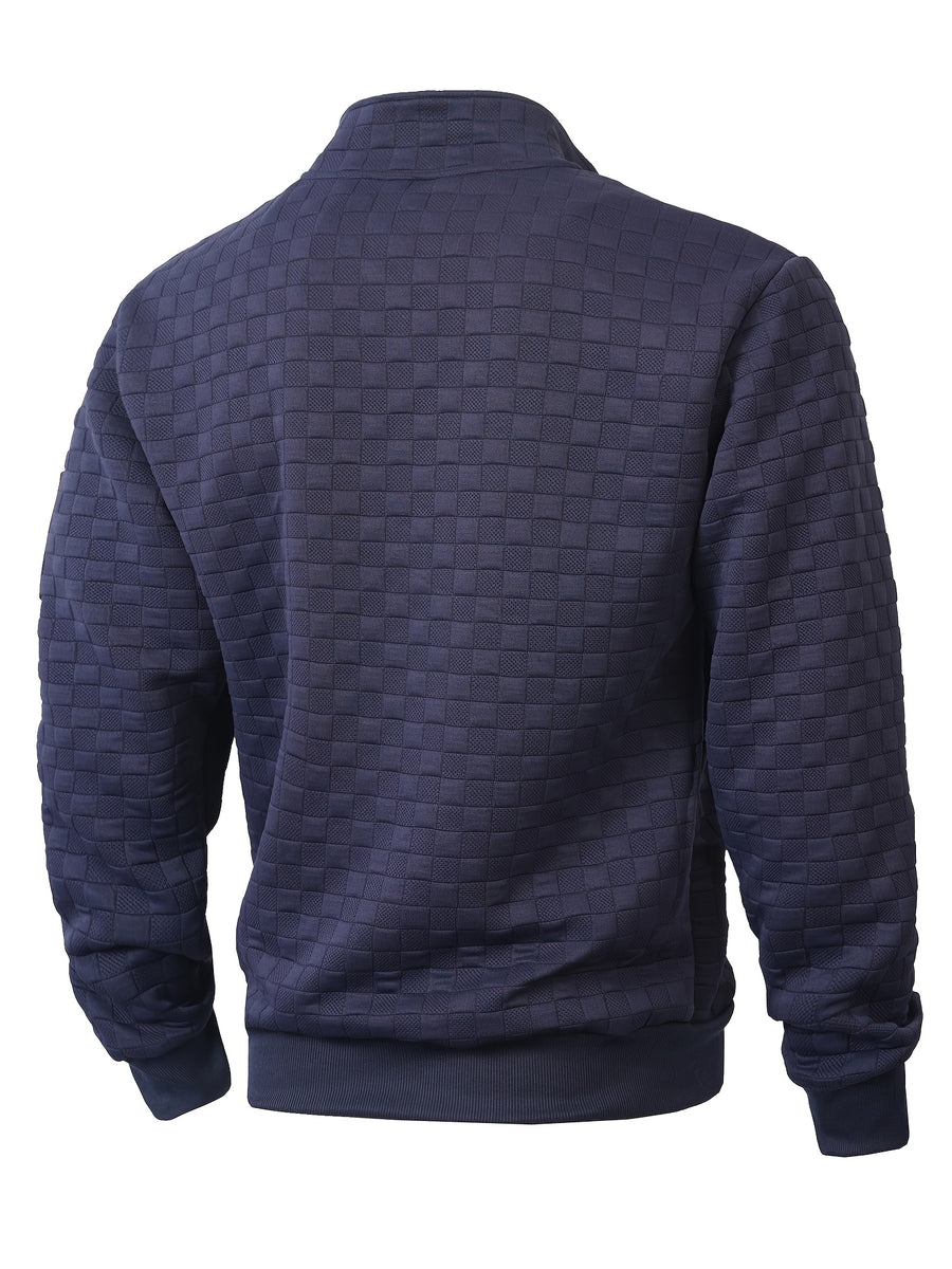 Autumn Men'S Waffle Half-Zip Stand Collar Sweatshirt, Casual Loose Textured Pullover Top Jacket, Gift for Husband Or Father - Navy Color