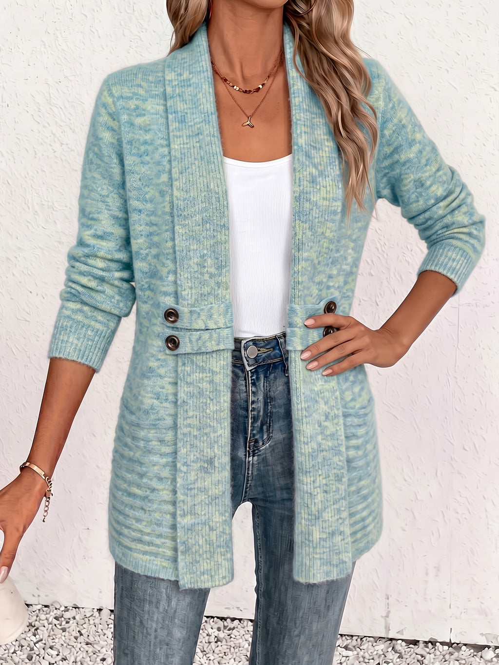 Beautiful Women's Spring/autumn Casual Double-breasted Decorative Belt Cardigan, Shawl and Cinched-waist Design, Versatile Mid-length Open-front Sweater in a Relaxed Style, Elegant and Fashionable Loose Outerwear, Perfect for Daily Commutes or Casual - Blue Green Yellow