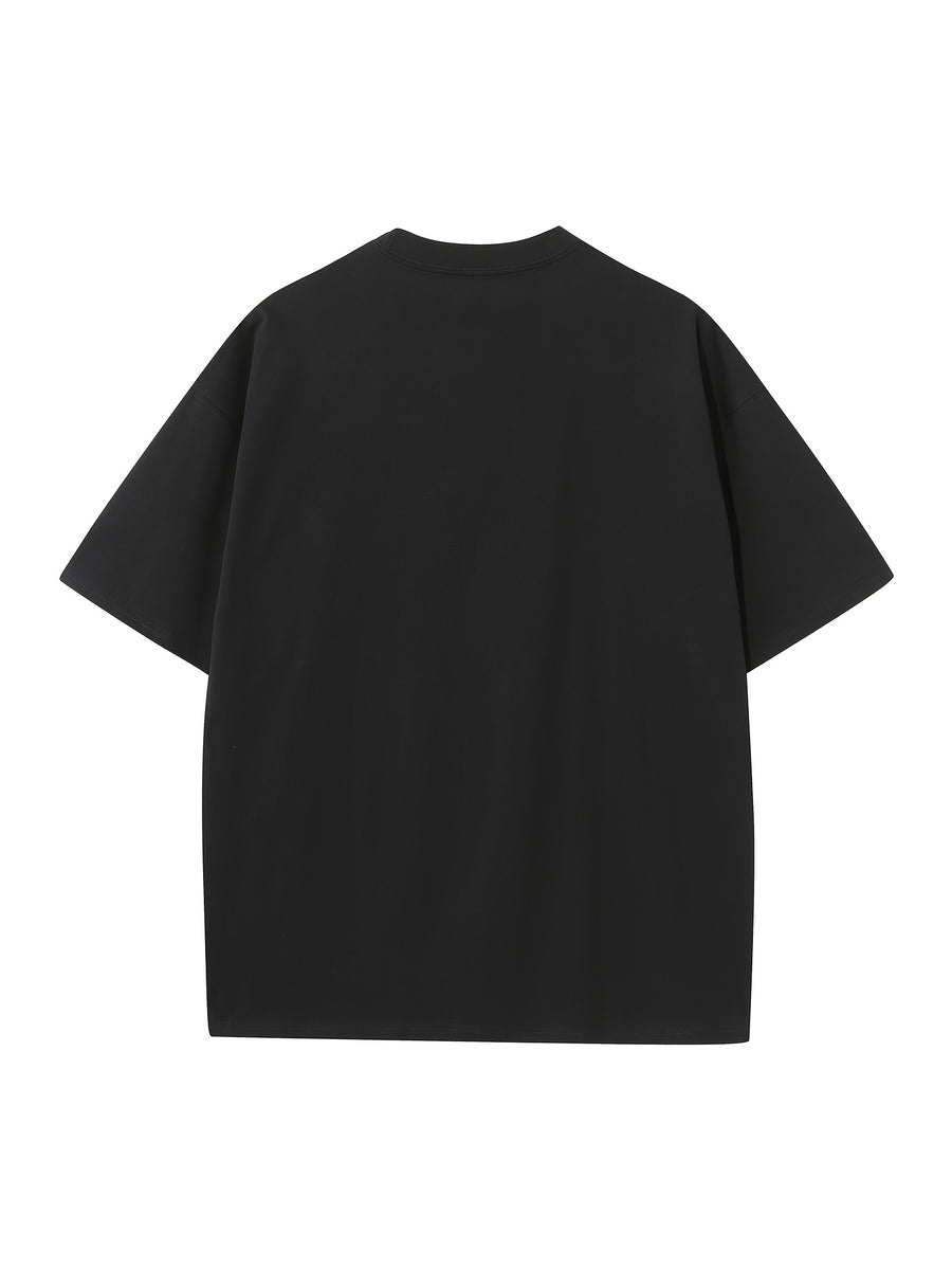 FP032 Summer Style 230g Heavyweight Premium Pure Men's Knitted Short-Sleeve Top, Comfortable and Breathable Summer Style with Foam Print, Fashionable and Trendy, Men's Casual Solid Color Crew Neck Short-Sleeve Base Layer, Drop Shoulder Loose Fit - Black