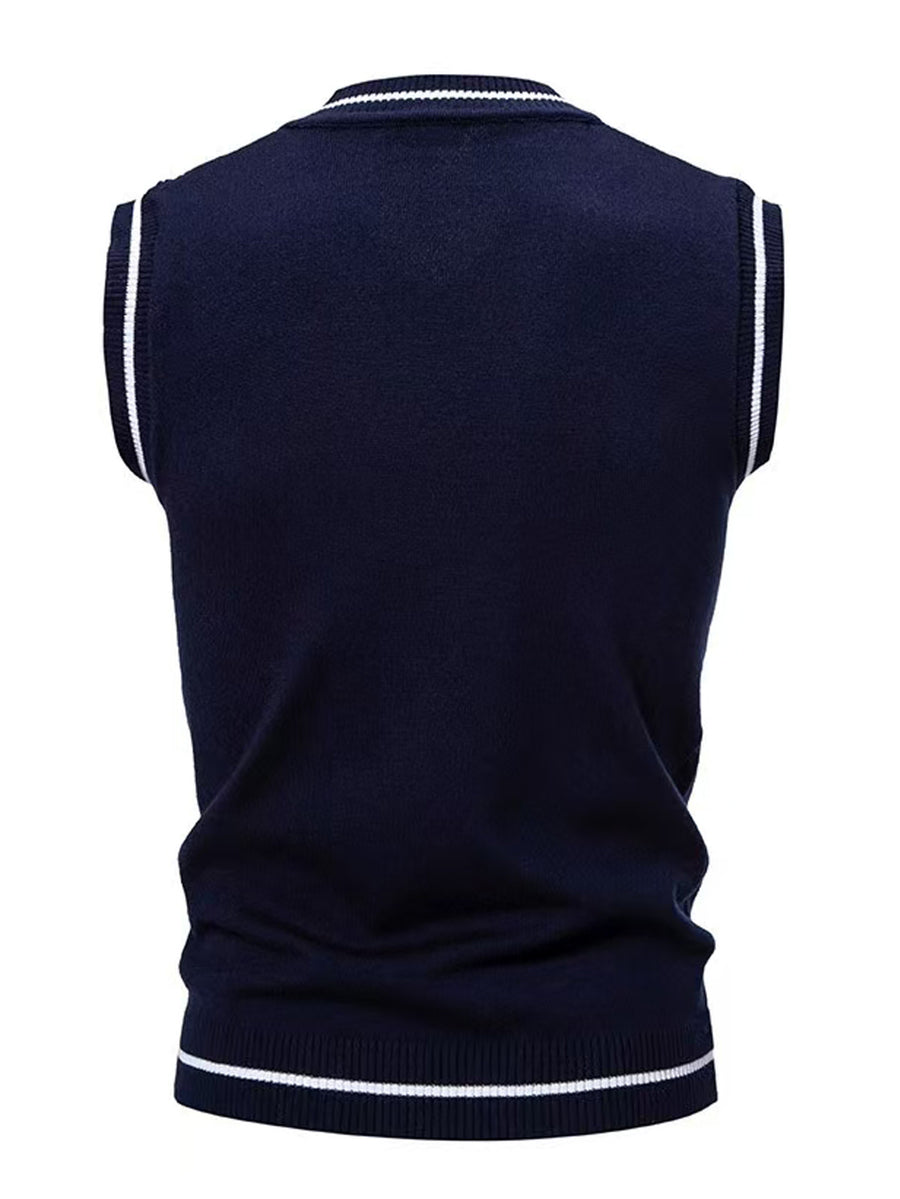 Men's V-neck Knitted Vest, Academic Style Striped Sleeveless Sweater, Spring/Autumn Business Casual Waistcoat - Navy Color