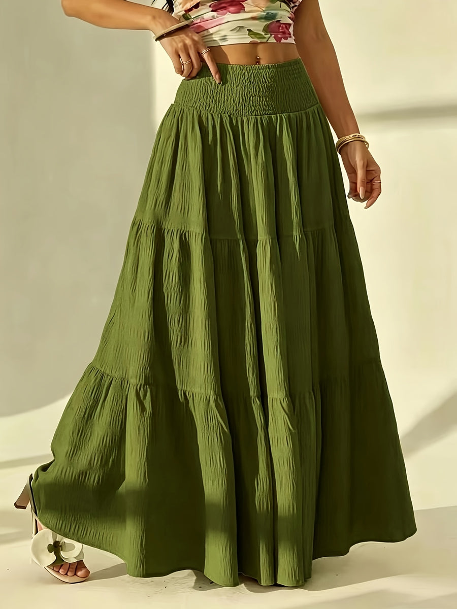 Bohemian Tiered Maxi Skirt, High-Waist Smocked A-Line Flowy Long Skirt, Casual Loose Pleated Solid Color Skirt for Beach Vacation Daily Wear, Women'S Fashion - Olive Green