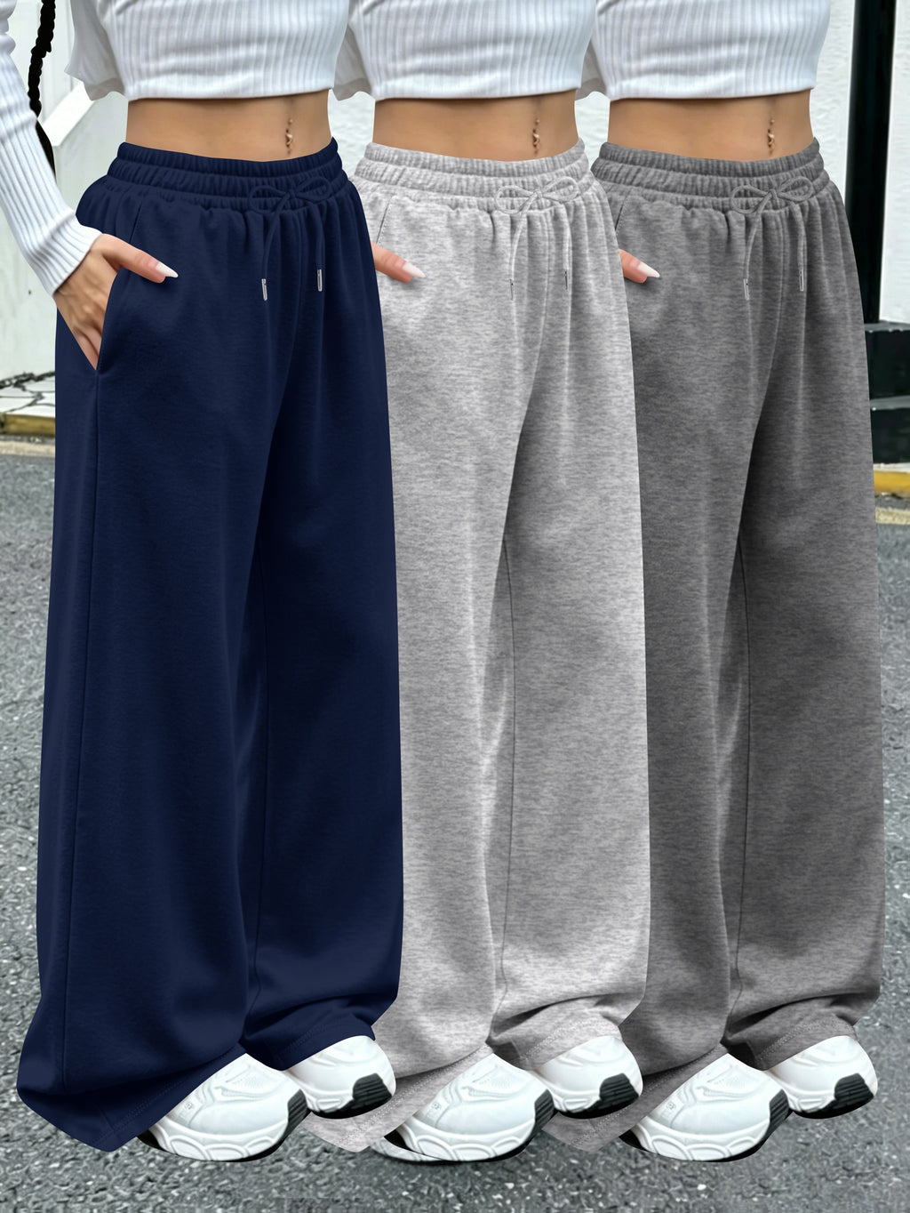 3pcs Women'S Jogging Pants, Elastic-Waistband Wide-Leg Casual Pants with Side Pockets, Light Sweatpants, Suitable for Daily And Formal Wear, Machine-Washable Non-Sheer Fabric, Joggers - Blue+Gray+Dark Gray