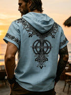 Western Retro Men'S Hooded Short Sleeve Shirt Thin Breathable Totem Print Half-Button Loose Casual Beach Vacation Men'S Clothing - Light Blue