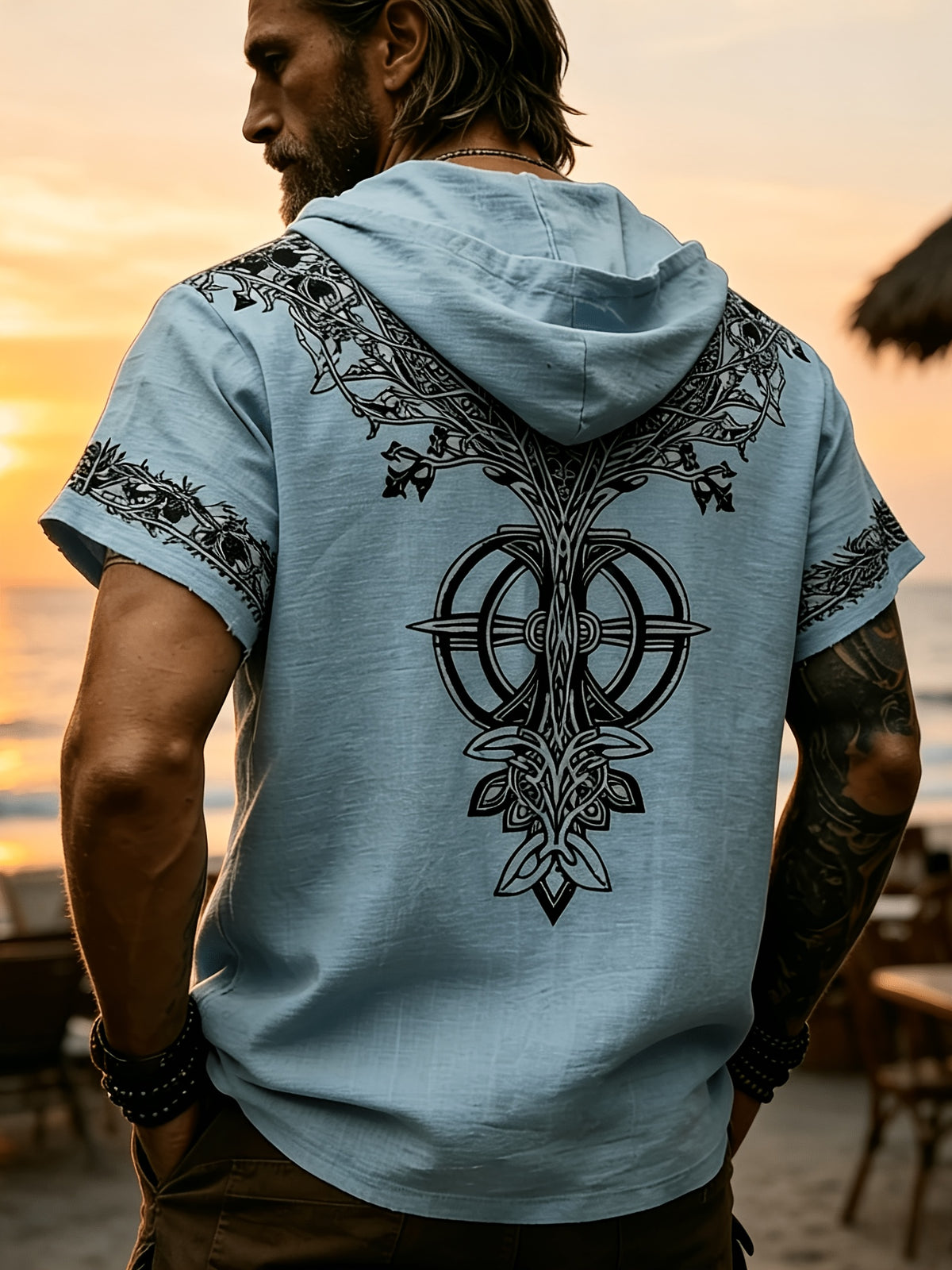 Western Retro Men'S Hooded Short Sleeve Shirt Thin Breathable Totem Print Half-Button Loose Casual Beach Vacation Men'S Clothing - Light Blue