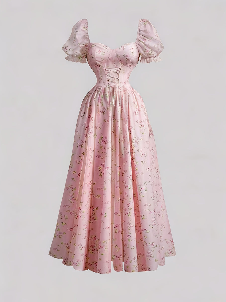 Ladies' New Spring And Summer Elegant Floral Print Long Dress, Bubble Sleeve Design, Front Waist Tie, Back Waist Shirred Waist, Elegant And Flowing, Romantic Long Dress, Suitable for Daily Wear, Party Gatherings, Vacation Holidays - Peach