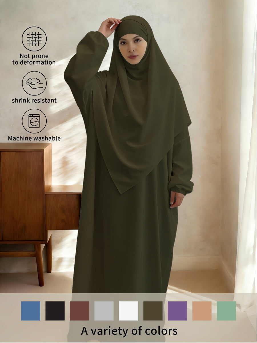 2pcs Easy Solid Abayas, Dignified Long-Sleeved Dresses, Asian Women'S Size Clothing, Elegant And Suitable for Gifting During Ramadan - fern green