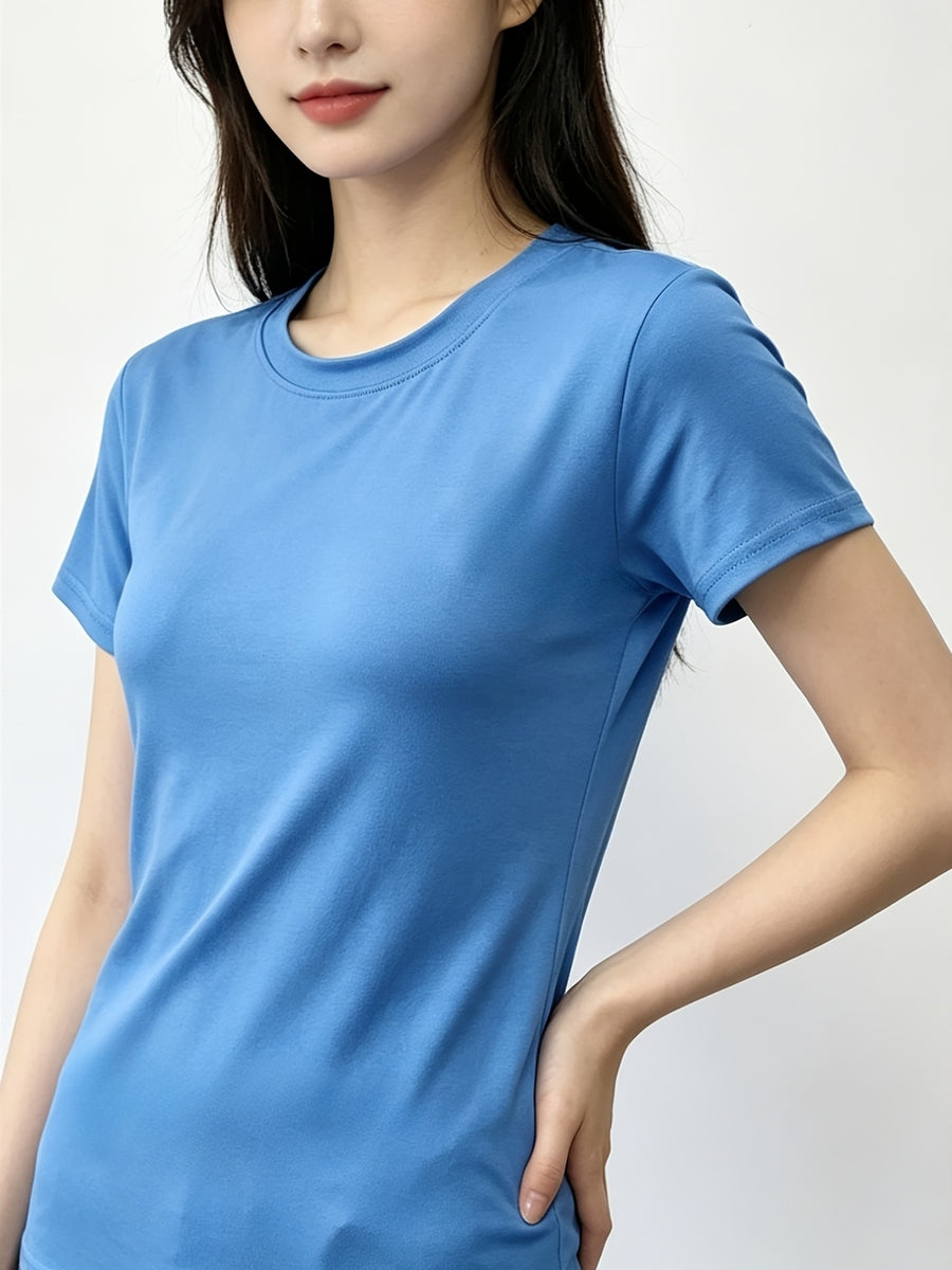Women'S Casual Short Sleeve T-Shirt, Ladies Round Neck Slim Fit Inner Wear Bust-Enhancing Stretch Tight Solid Base Layer - Blue