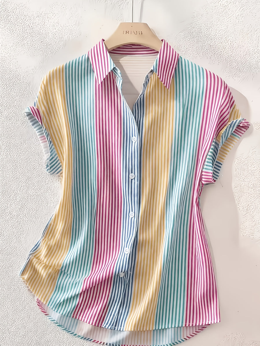 Summer Elegant Women'S Striped Short Sleeve Shirt, Casual Commuter Style Vacation Blouse - Mixed colors