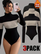 Three-Piece Women's High-Neck Color-Blocked Bodysuit, Suitable for Autumn and Winter Wear - Black Apricot + Apricot + Black