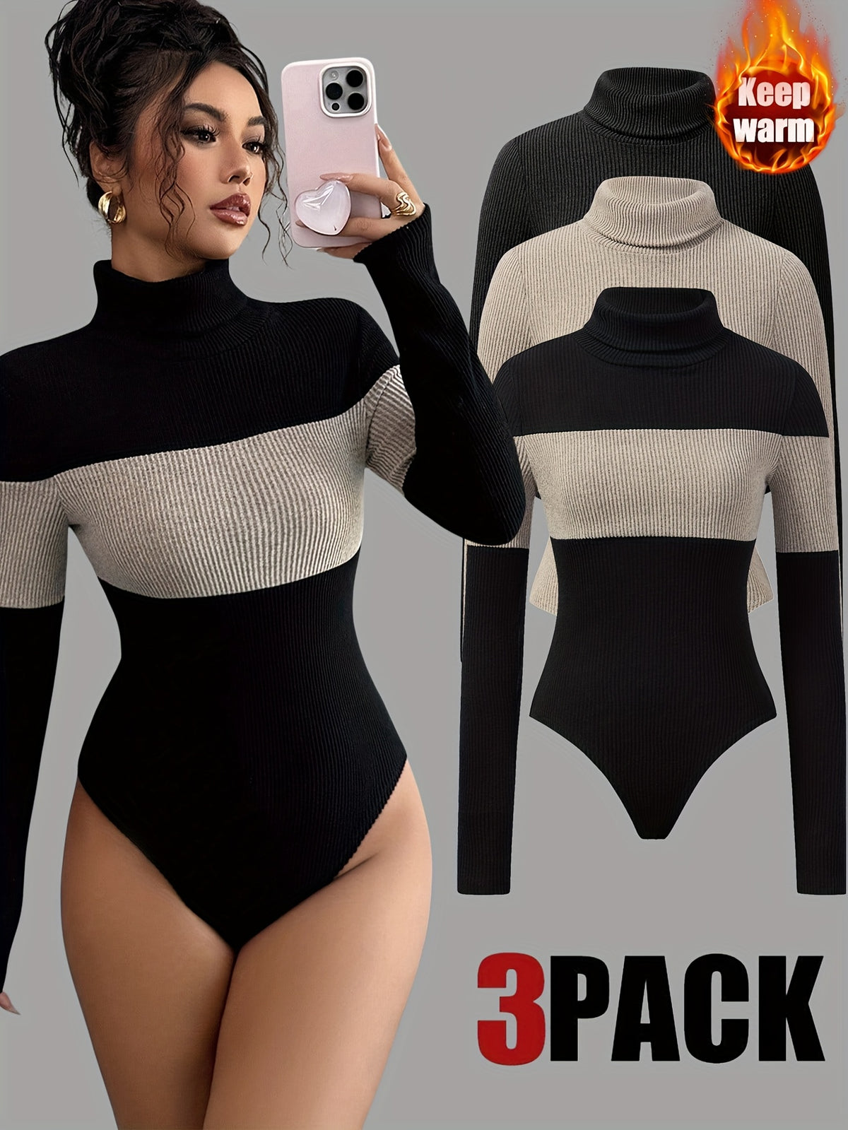 Three-Piece Women's High-Neck Color-Blocked Bodysuit, Suitable for Autumn and Winter Wear - Black Apricot + Apricot + Black