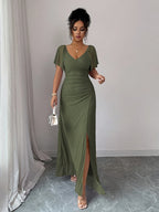 Women'S Solid Color V-Neck Ruffled Mesh Panel Waist Slit Dress, Elegant Bridesmaid Gown, Party Dress, Spring/Summer Style - Army Green