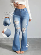 Women's Vintage Blue Washed Flared Jeans, High Stretch Slim Fit with Distressed Design and Pockets, All-Season Solid Color Flare Pants - Sky Blue