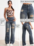 A Pair of Casual And Versatile Trousers for Daily Commuting, Adjustable Waistband, Washed Nostalgic Color Women'S Fashionable Straight Jeans - Sea Blue