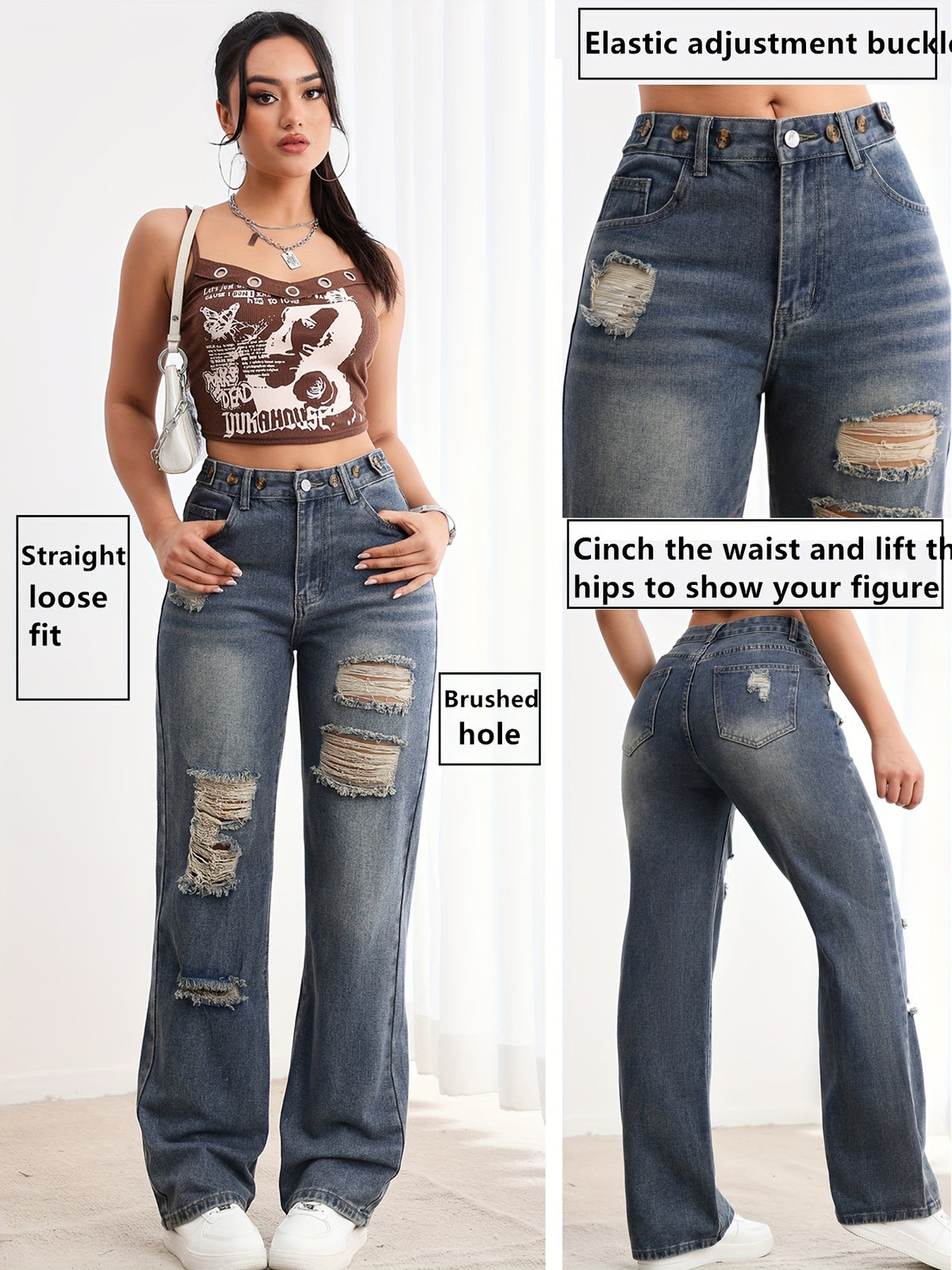 A Pair of Casual And Versatile Trousers for Daily Commuting, Adjustable Waistband, Washed Nostalgic Color Women'S Fashionable Straight Jeans - Sea Blue