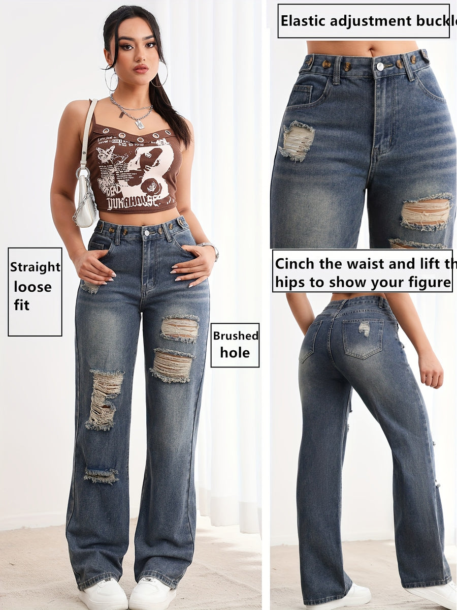A Pair of Casual And Versatile Trousers for Daily Commuting, Adjustable Waistband, Washed Nostalgic Color Women'S Fashionable Straight Jeans - Sea Blue