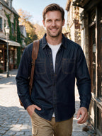 Men's Dark Wash Denim Workshirt Long Sleeve Button Shirt, Comfort Breathable Soft Denim Fabric with Dual Button Chest Pockets Fashion Workwear Brand Top for Daily Commute & Street - Navy Color